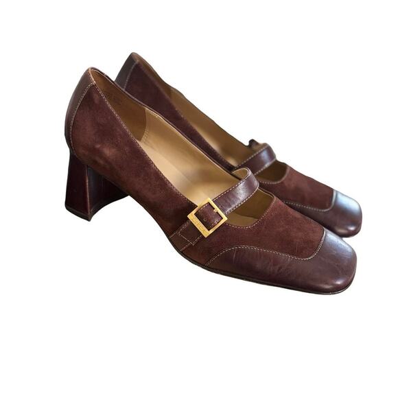 90'S VTG. BROWN SUEDE BUCKLE‎ SQUARE TOE MARY JANE PUMPS JOAN & DAVID SZ. 8 1/2. - Picture 2 of 8